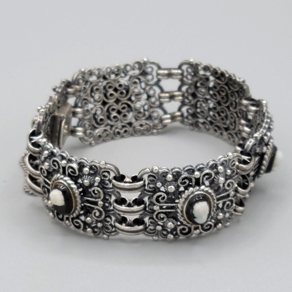 Vintage Danecraft Sterling Silver Filigree Mini Cameos Bracelet Earrings Set - Picture 6 of 13